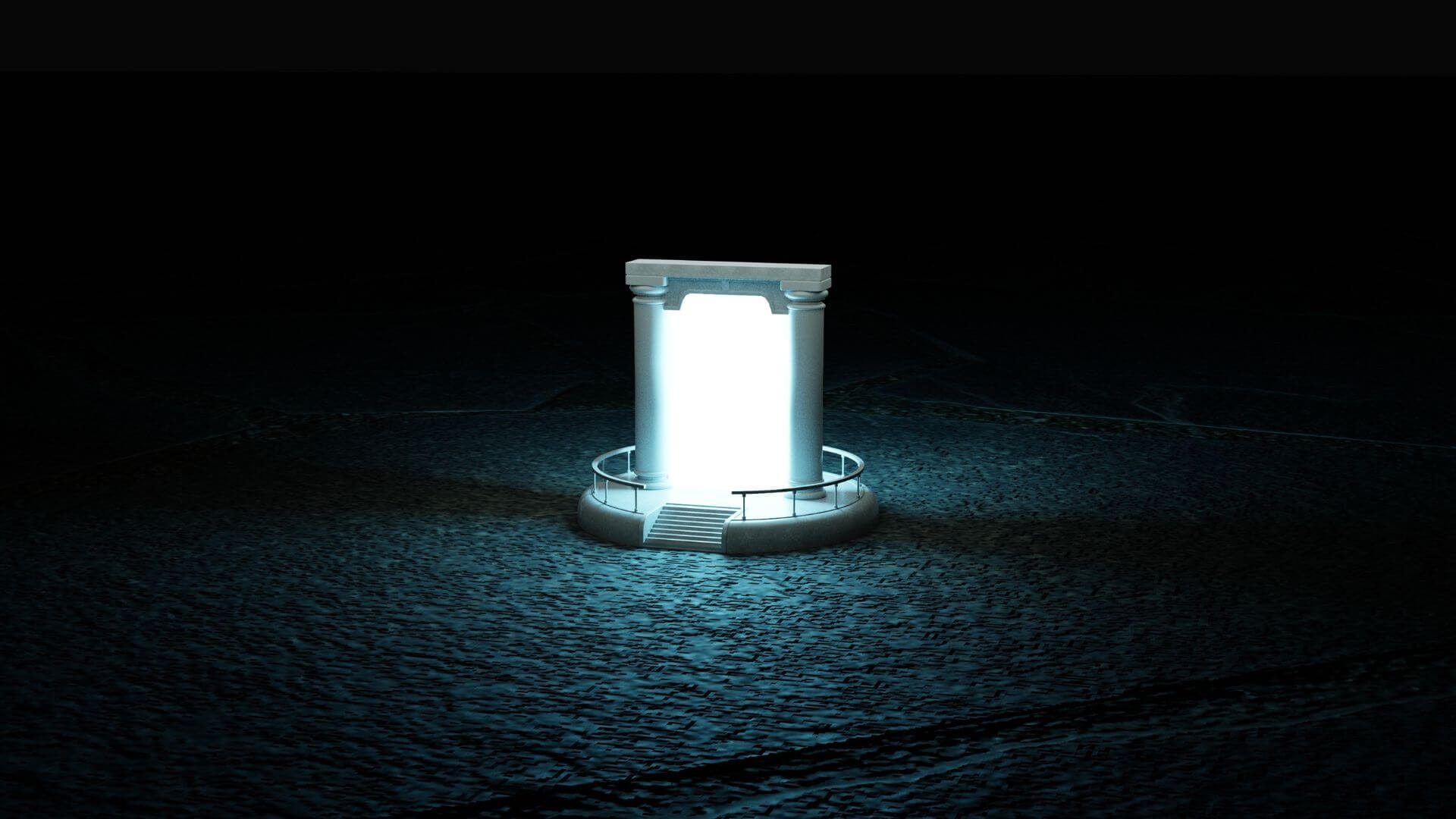 Uma plataforma está posta acima do piso de pedras. Sobre ela se encontra um portal iluminado que ilumina a plataforma e uma parte do chão próxima a ela. O horizonte segue escuro.
