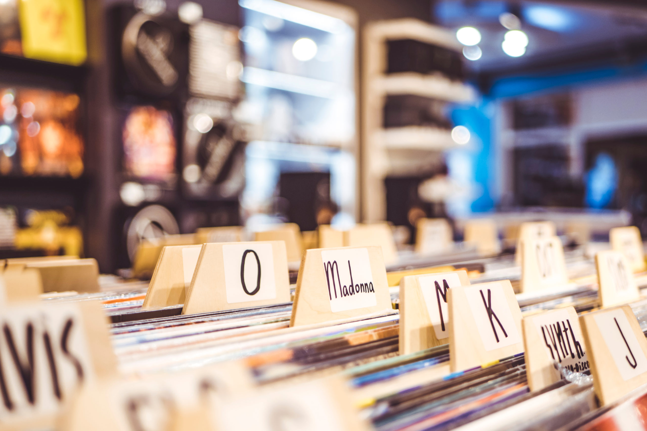 close up vinyl records in the store madonna